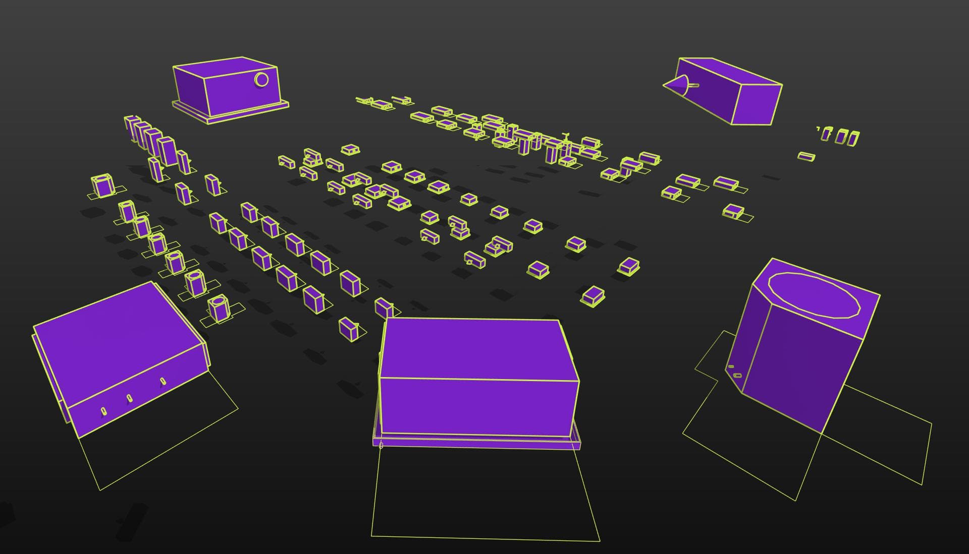 3D view of dozens of small air terminals arranged in rows, each on its own pad, with five larger units around them: three across the foreground, one flat and cabinet-shaped, one a two-tier box, and one a cylinder with a round opening in its top, plus two more set further back.