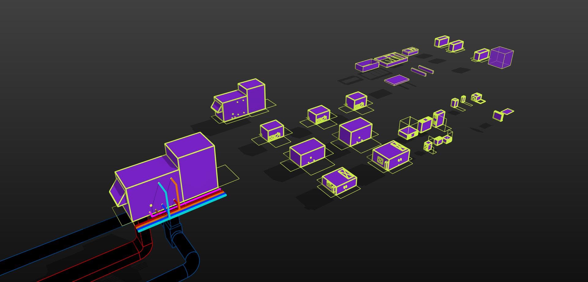 3D view of one large two-part equipment block in the foreground, with cyan, orange, magenta and blue connector stubs dropping out of its side onto colour-coded mains that run off past the edge of the frame, and dozens of smaller equipment blocks on pads receding diagonally behind it.