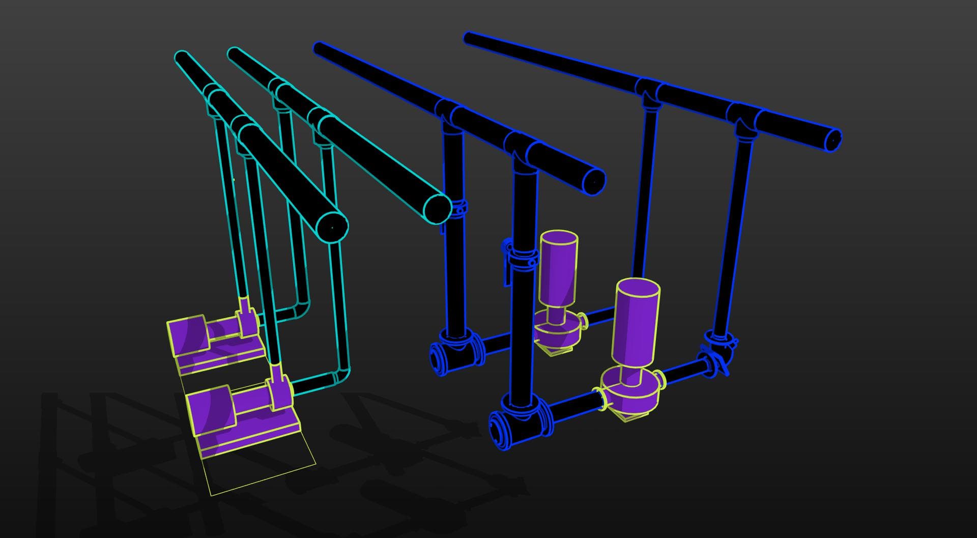 3D view of two base-mounted pumps and two vertical in-line pumps, each connected to headers that rise into larger mains, with isolation valves modeled at every connection.