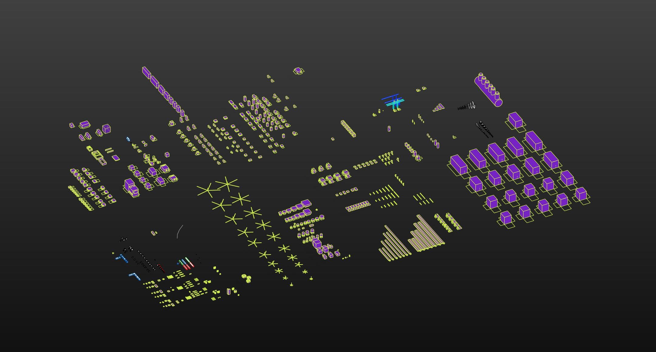Second aerial 3D view of the mechanical warehouse from a different angle, showing a grid of condensing units, arrays of fans and terminal units, diffusers, and long runs of pipe grouped by type.