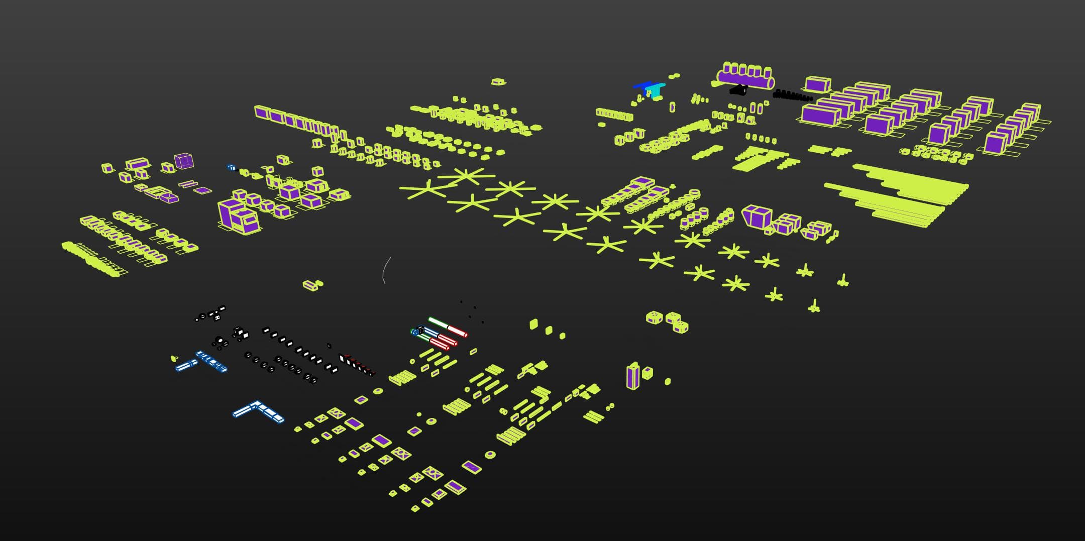 Aerial 3D view of the entire mechanical warehouse, with hundreds of families laid out flat and clustered by type: rows of large equipment blocks on their own pads, banks of four-way ceiling diffusers seen from above, long parallel runs of duct and pipe, and dense grids of smaller fittings.