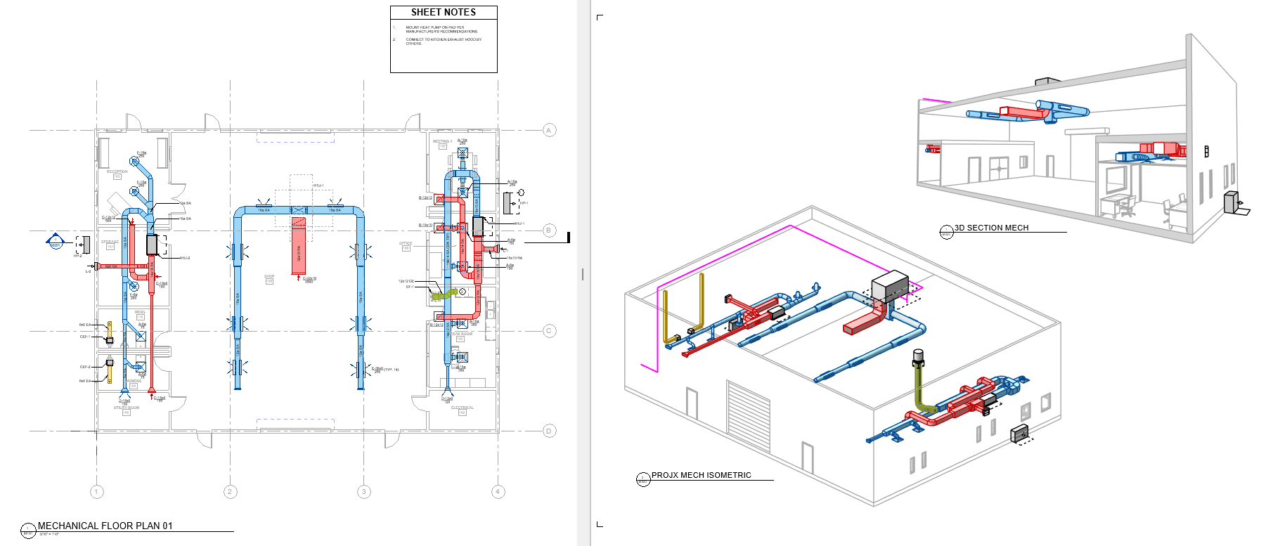 A ProjX mechanical sheet showing the first floor plan with supply and return ductwork, a 3D building section, and an overall mechanical isometric.