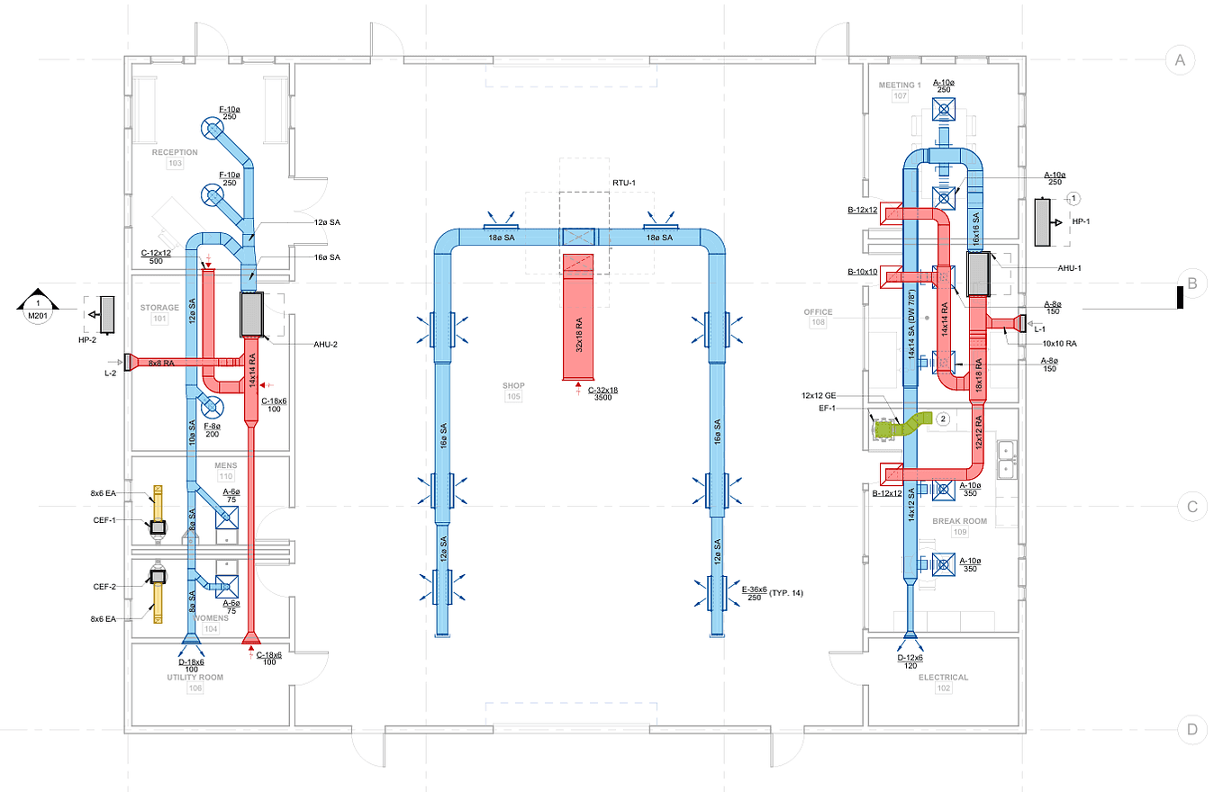 A mechanical floor plan of a small office and shop building, with blue supply ductwork and red return ductwork tagged with sizes and CFM, air handlers and heat pumps called out, ceiling exhaust fans in the restrooms, and grid bubbles down the right side.