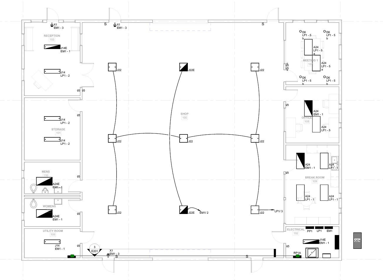 An electrical lighting plan of the same building, with each fixture tagged by type and circuit, switch legs drawn back to their switches, junction boxes across the open shop area, and the panels and generator shown at the electrical room.