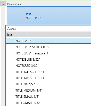 The Revit type selector for text, listing a short and predictable set of types: NOTE 3/32 inch and its schedule, transparent, blue, and red variants, then title sizes from small 1/8 inch up to big 1/2 inch.