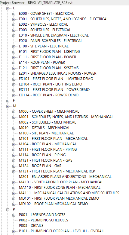 The Project Browser sheet list, numbered and grouped by discipline: E000 through ED114 for electrical, M000 through MD102 for mechanical, and P001 onward for plumbing.