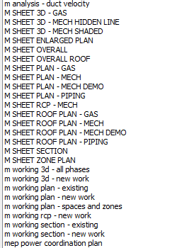 A list of mechanical view template names covering sheet plans, sections, RCPs, roof plans, 3D views, and separate working views for existing, new work, and phases.